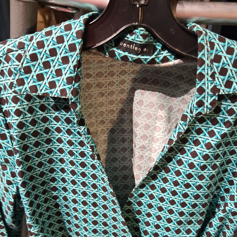 Bentley D. Geometric Print Wrap Around Blouse - Teal and Black